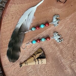 Southwestern Red Apple Coral Turquoise Hematite  Silver Buffalo Charm Earrings